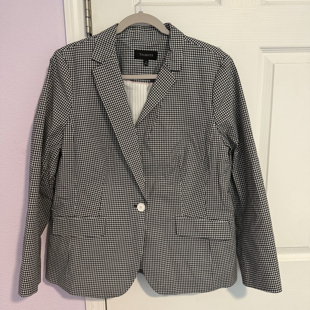 Talbots‎ Sz 14 Cotton Blazer Lined Black Gingham Check Office Career Preppy EUC